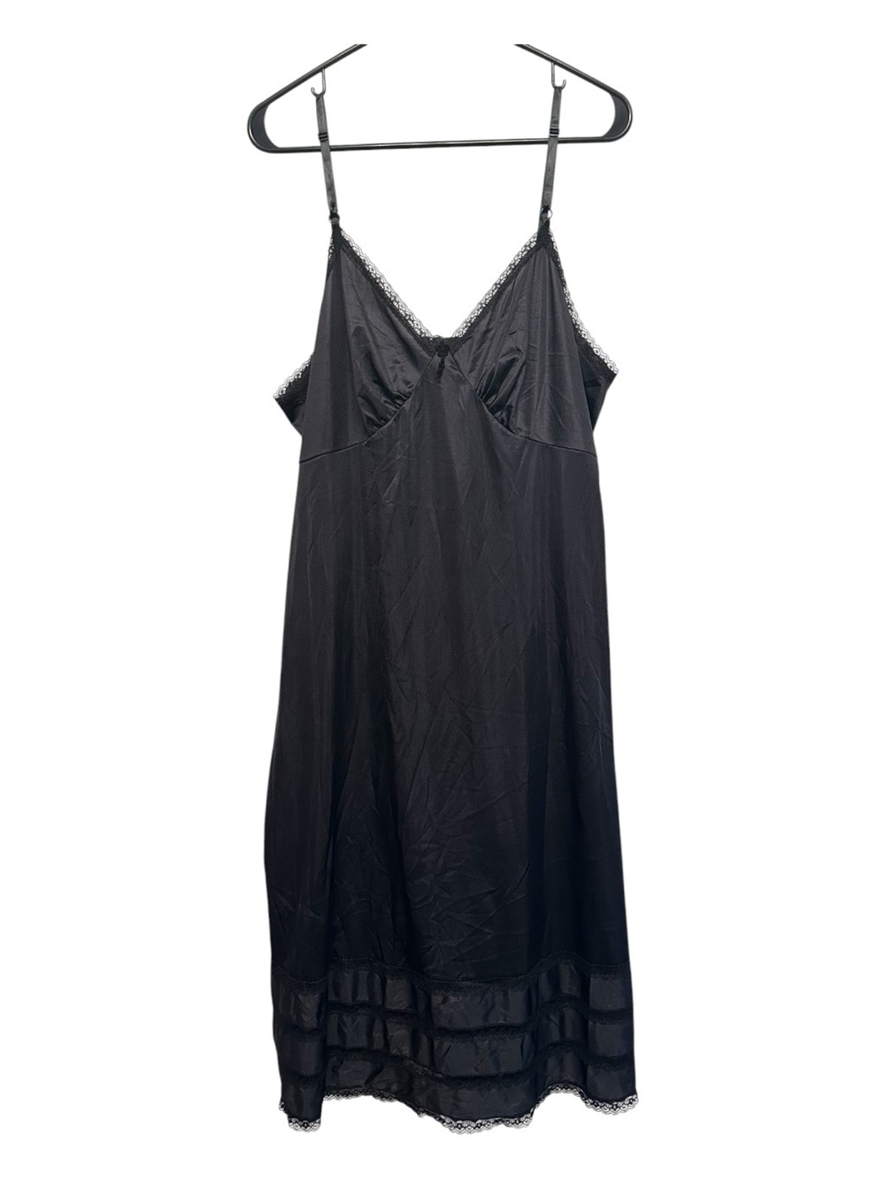 Vintage 70s/80s Sears Midi Black Lace-Trim Satin Slip Size 40 (Large)